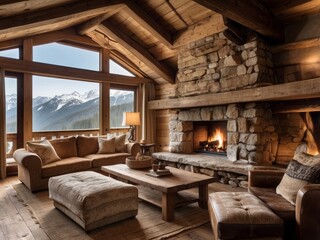 Cozy Cabin Living Room with Fireplace and Mountain View