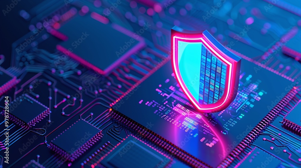 Poster futuristic digital shield on a circuit board, symbolizing advanced cybersecurity in technology and d