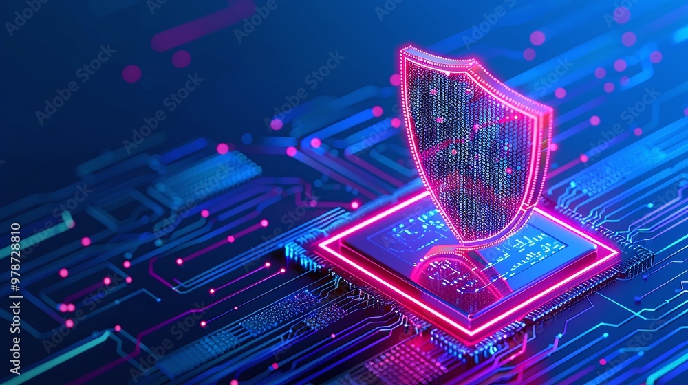 Aufkleber futuristic digital shield on a microchip, representing strong cybersecurity and advanced technology 