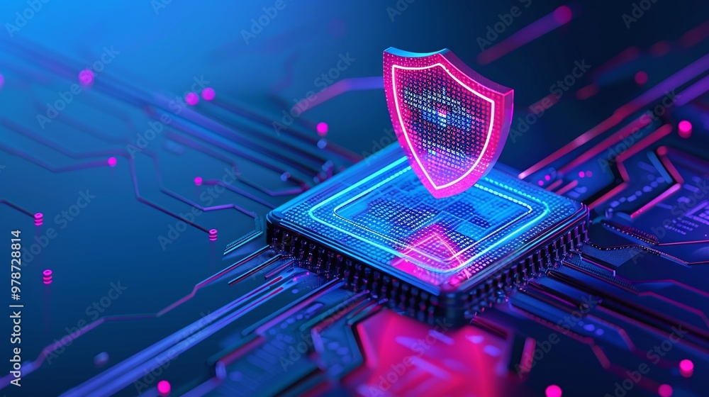 Poster futuristic digital shield on a microchip, symbolizing cybersecurity and data protection in a vibrant