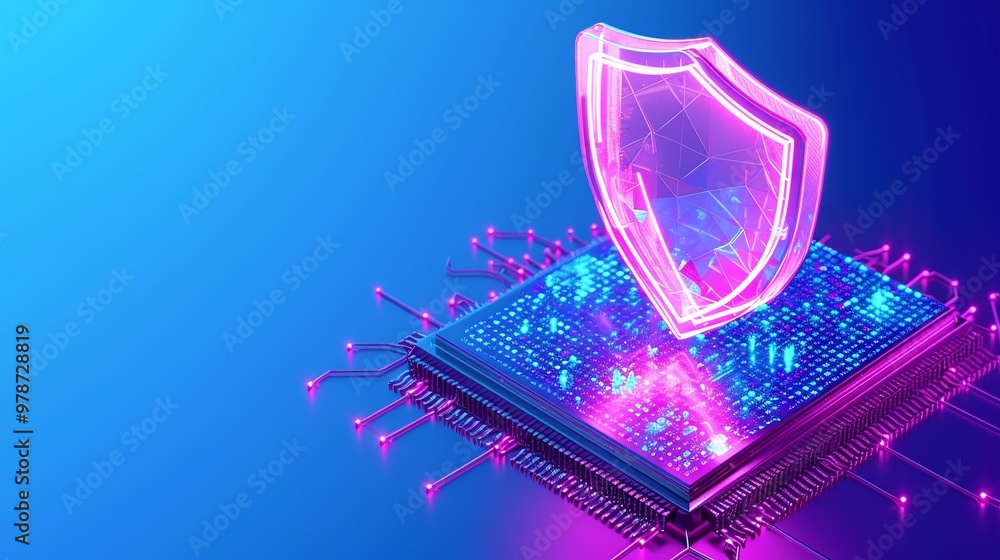Aufkleber futuristic digital shield on computer chip, symbolizing cybersecurity and data protection in a vibra