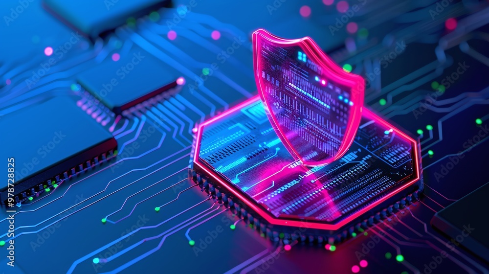 Poster futuristic digital shield on circuit board, representing cybersecurity and data protection in a high