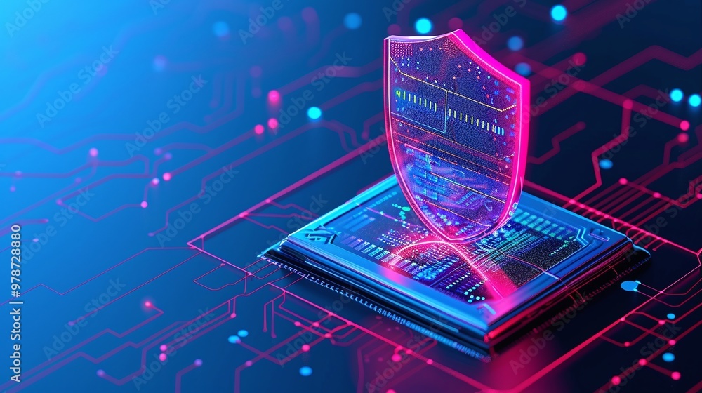 Poster futuristic digital shield on microchip symbolizing cybersecurity and protection in technology.