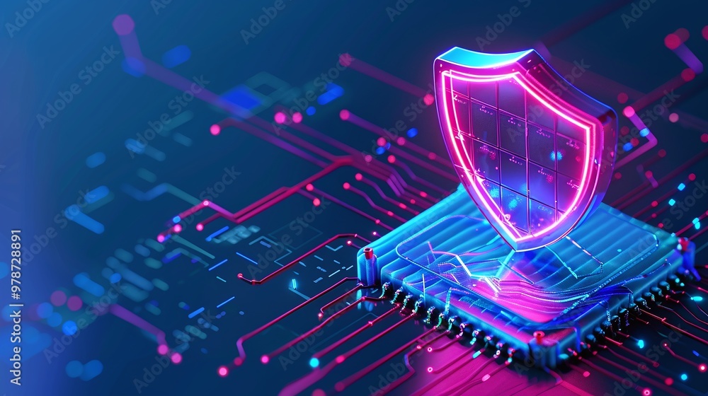 Poster futuristic digital shield over a circuit board, symbolizing cybersecurity and data protection in a n