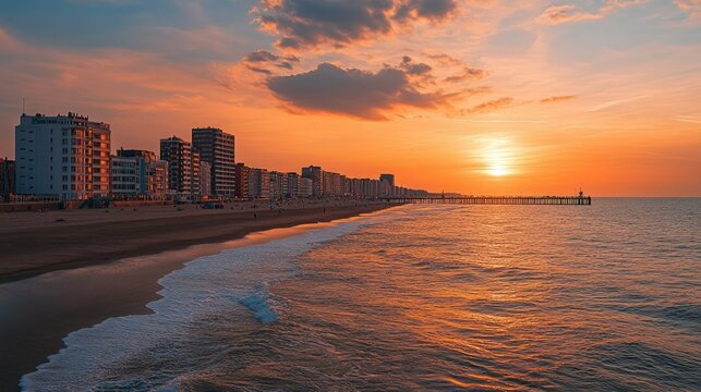 Sunset over the coastal city of Ostend, Belgium, with the beach and pier in view.