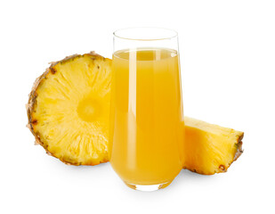 Glass with pineapple juice and pieces of fresh fruit isolated on white