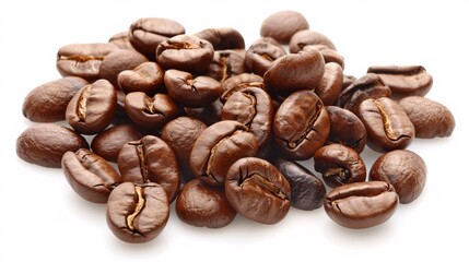Freshly roasted coffee beans on a blank background.