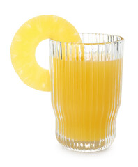 Glass with pineapple juice and piece of fresh fruit isolated on white