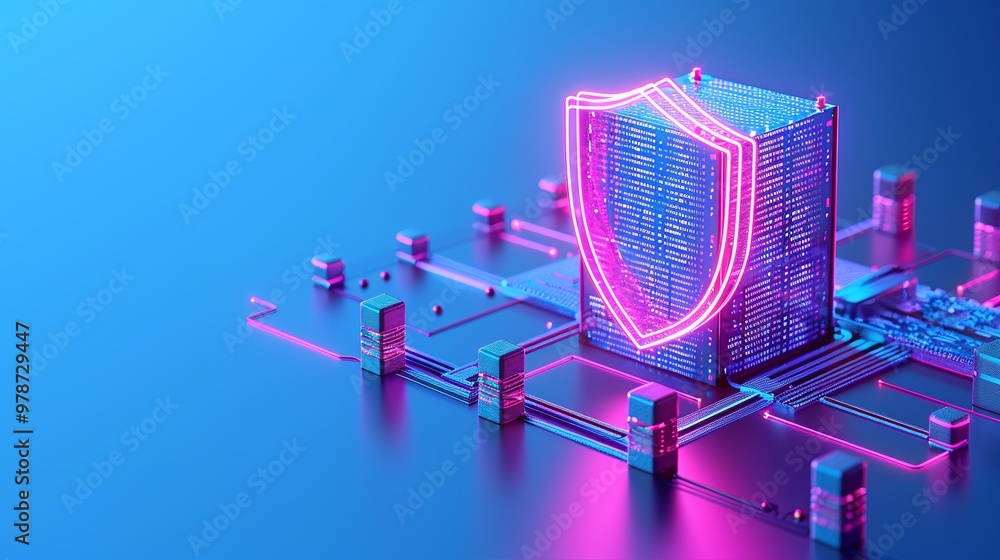 Poster futuristic digital shield protecting data servers, illuminated in neon lights, symbolizing cybersecu