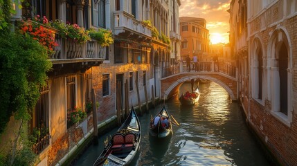 Experience a tranquil Venice canal with gondolas, historic buildings, and a golden sunset glow.
