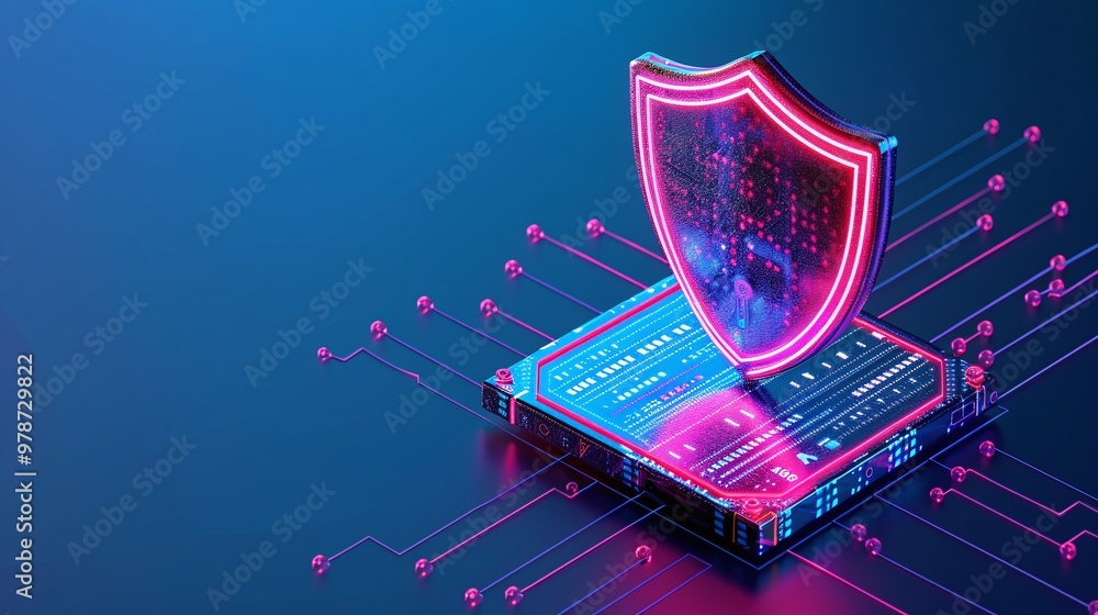 Poster futuristic digital shield representing cybersecurity, illuminated in neon colors, layered over a dat