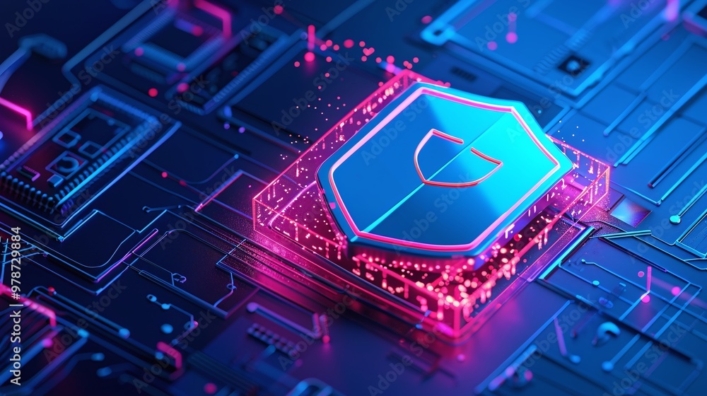 Poster futuristic digital shield representing cybersecurity on a glowing circuit board with vibrant colors 