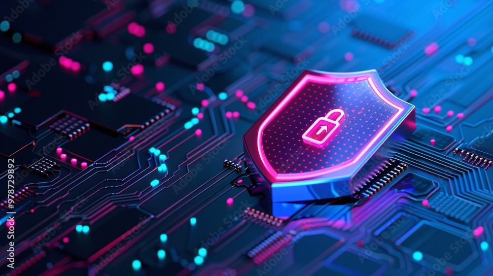 Poster futuristic digital shield representing cybersecurity on a circuit board with vibrant neon colors and