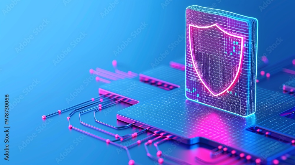 Poster futuristic digital shield representing cybersecurity on a vibrant circuit board with neon colors.