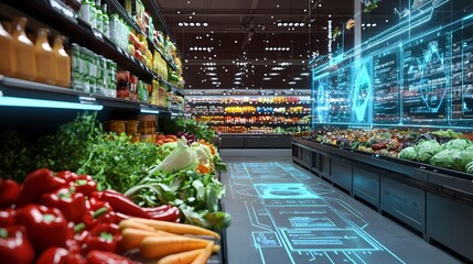 Explore the Future of Shopping: A Futuristic Grocery Store with Holographic Displays and Vibrant Fresh Produce Awaiting Shoppers' Delight!