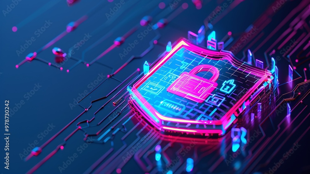 Poster futuristic digital shield representing cybersecurity with glowing elements and protection symbol on 