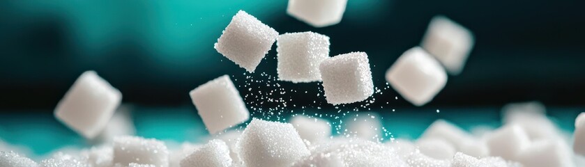 A close-up of sugar cubes falling gracefully into a pile of sugar, showcasing the sweetness and texture in vibrant lighting.