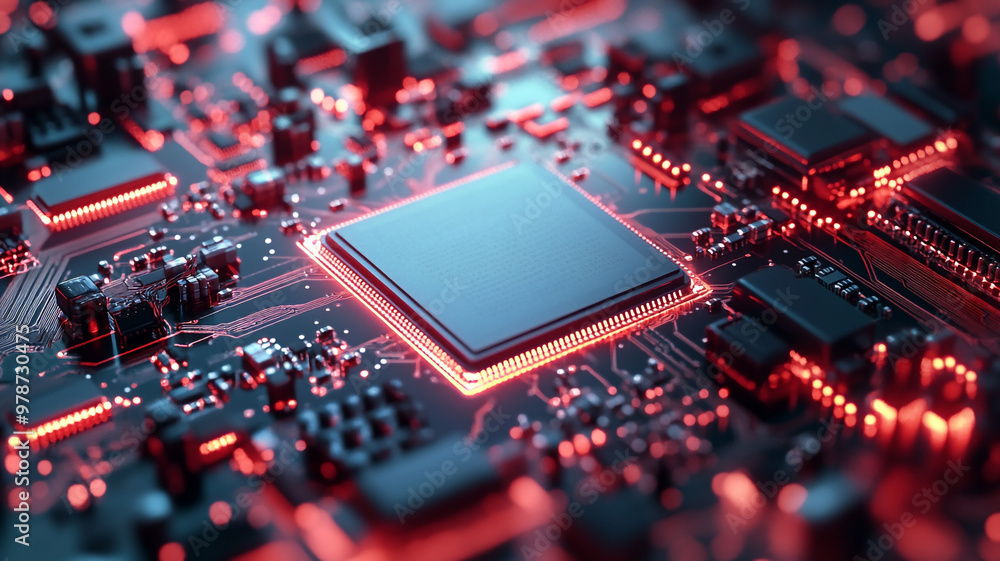 Poster close-up view of a red and black circuit board with a central processing unit illuminated at night