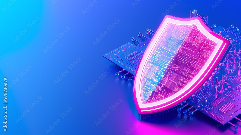 Poster futuristic digital shield symbolizing cybersecurity, featuring vibrant neon colors and intricate cir