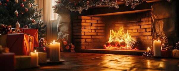 Fototapeta premium Cozy Christmas scene featuring a glowing fireplace, festive decorations, candles, and a beautifully adorned Christmas tree.