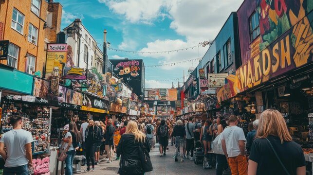 The bustling Camden Market in London with vibrant street art, food stalls, and local vendors.