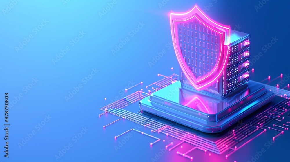 Poster futuristic digital shield symbolizing cybersecurity and data protection, set against a vibrant blue 