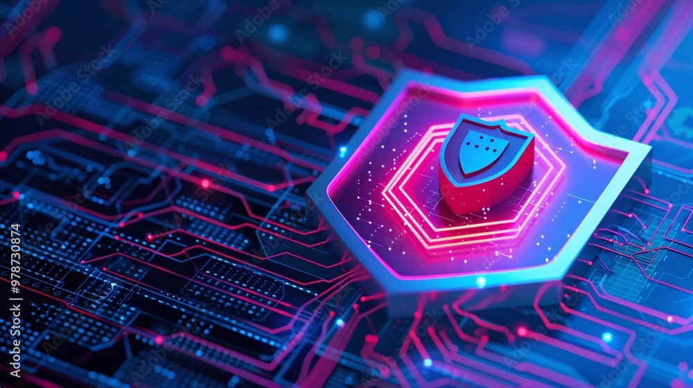 Poster futuristic digital shield symbolizing cybersecurity and protection in a vibrant tech environment wit