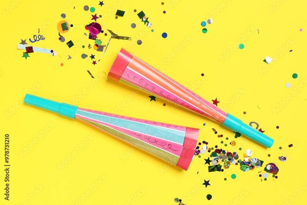 Poster Shiny confetti and party poppers on yellow background, flat lay