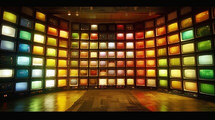 Vibrant display  a wall of televisions showcasing a spectrum of colorful broadcasts
