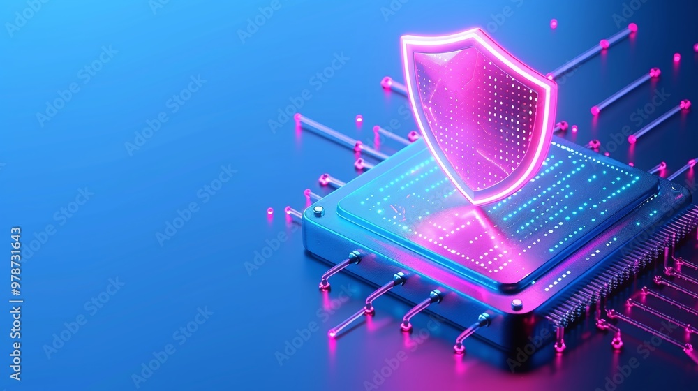 Poster futuristic digital shield symbolizing data security on a neon circuit board background, illustrating