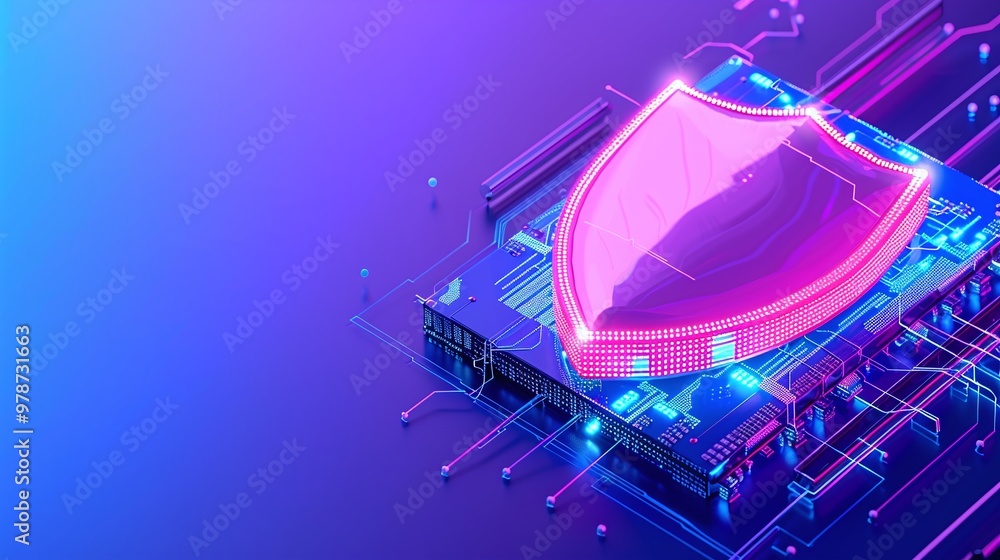 Poster futuristic digital shield symbolizing security and protection on a vibrant tech background. ideal fo