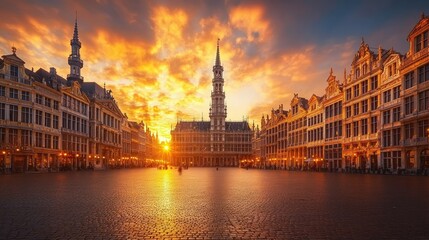 The iconic Grand Place in Brussels, Belgium, at sunset with golden light illuminating the historic buildings.