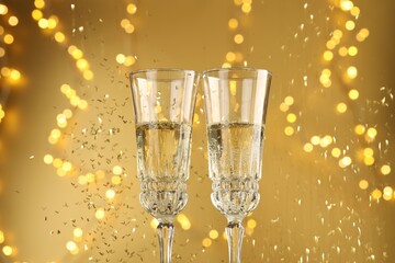 Glasses of sparkling wine and confetti against golden background with blurred lights, closeup....