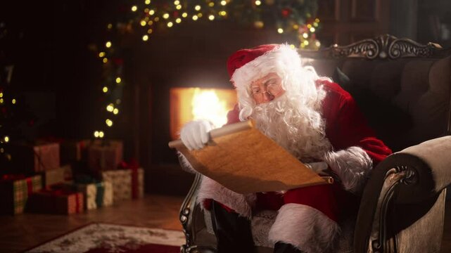 Magic of Christmas, Santa Claus sitting alone in his house and reading scroll. Portrait of old magician resting in his decorated living room, wait for miracle and Xmas magic, kind cheerful wizard