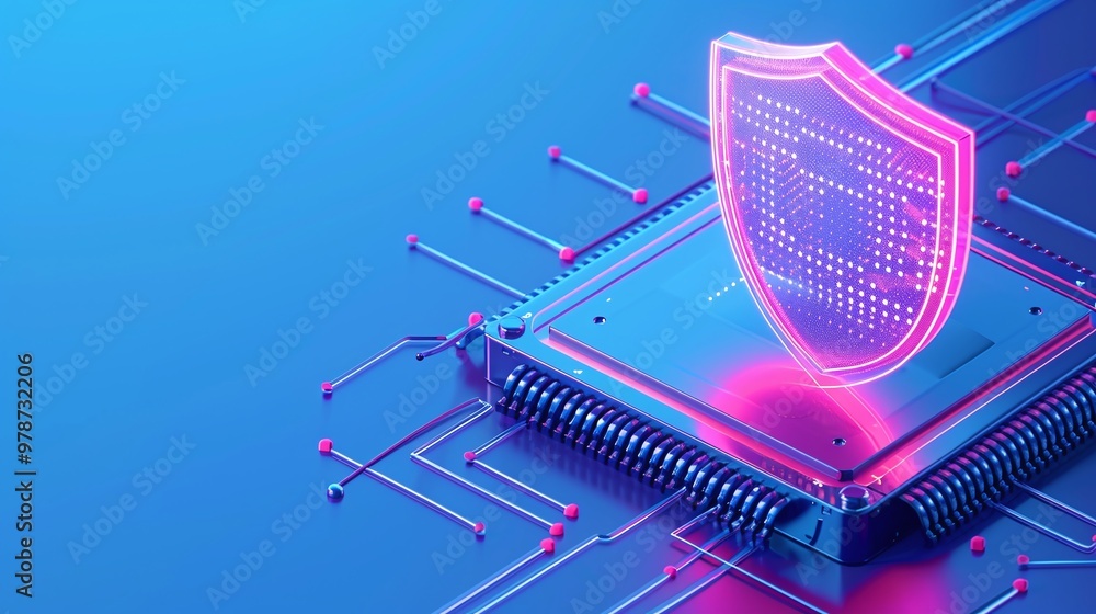 Poster futuristic illustration of a microchip with a glowing shield symbolizing digital security and protec