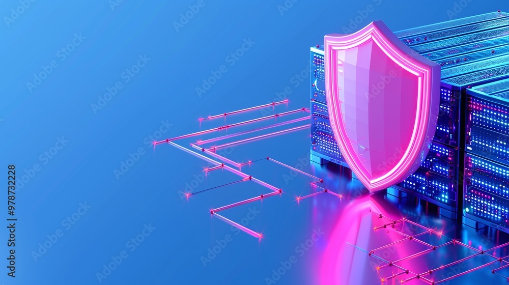 Aufkleber futuristic illustration of data security with a glowing shield and server backdrop, symbolizing prot