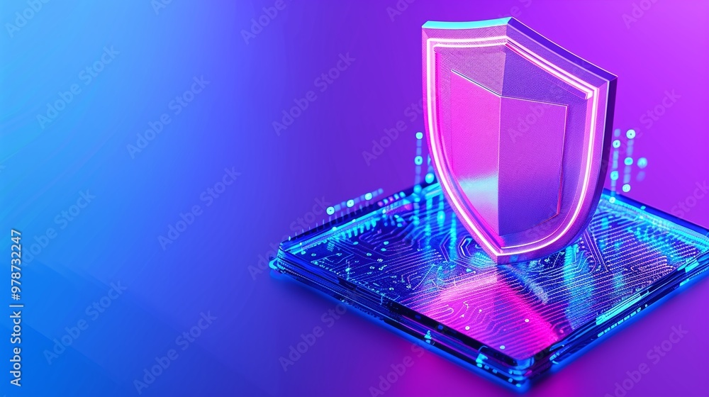 Poster futuristic image of a digital shield symbolizing cybersecurity and data protection with vibrant neon