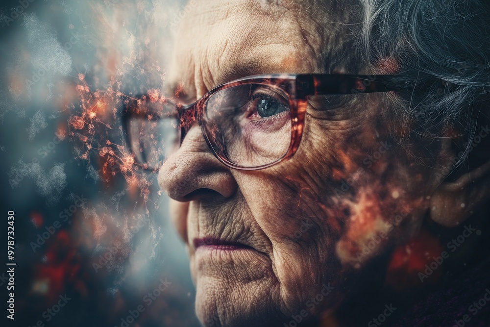 Poster elderly woman with glasses and fiery neural particles surrounding her face symbolizing memory neural