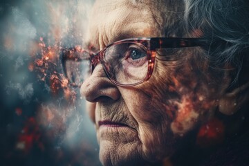 Elderly woman with glasses and fiery neural particles surrounding her face symbolizing memory neural activity and the exploration of cognitive decline in aging