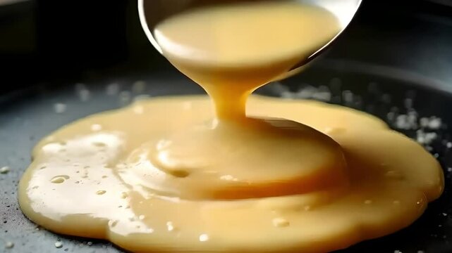 Slow-motion footage of pancake or crepe batter being poured onto a hot griddle, spreading out and forming perfect round shapes.
