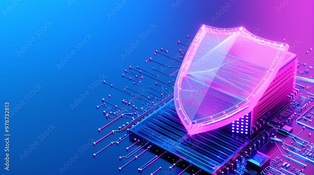 Poster futuristic security concept showcasing a shield over a microchip, representing advanced protection a