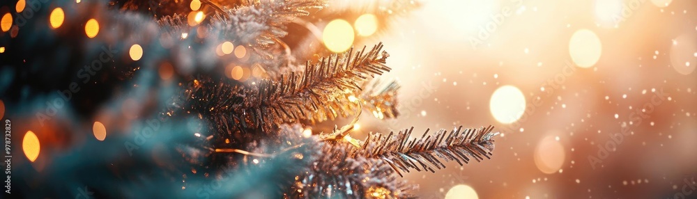 Poster a close-up view of a festive christmas tree branch adorned with beautiful lights and sparkling decor