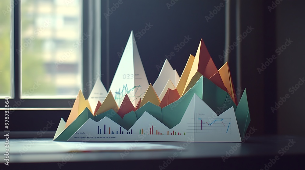 Poster colorful paper mountains represent data on graph paper