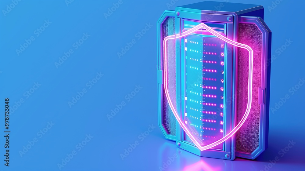Poster futuristic server cabinet with neon shield design, representing cybersecurity and data protection in