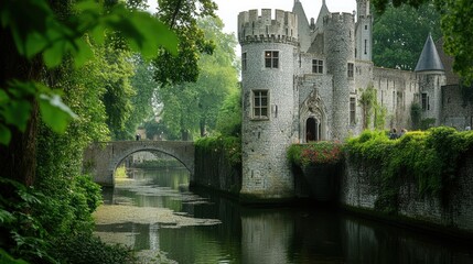 The medieval castle of Gravensteen in Ghent, surrounded by a moat and lush greenery.