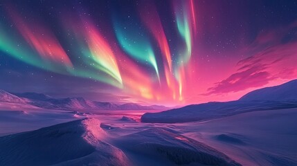 Obraz premium The Northern Lights illuminating the sky over a snowy landscape in Greenland, with vibrant colors dancing.