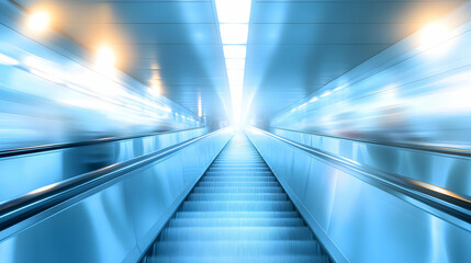 Obraz premium Abstract Blue and White Perspective of an Escalator with Blurred Motion, Leading Towards a Bright Light Source