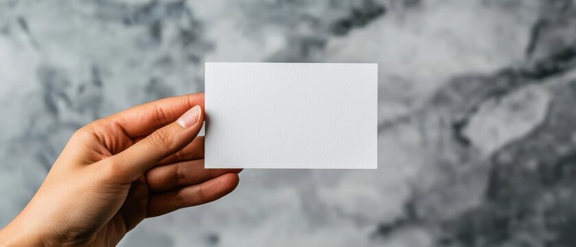 A hand holding a blank card against a textured gray background, perfect for mockup designs and creative projects.