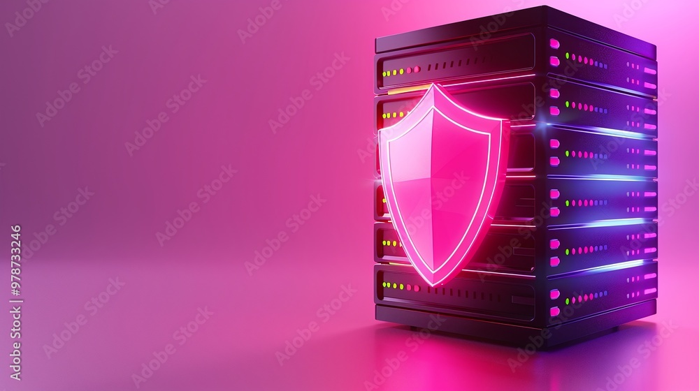 Poster futuristic server design with glowing shield, symbolizing digital security and protection in a vibra