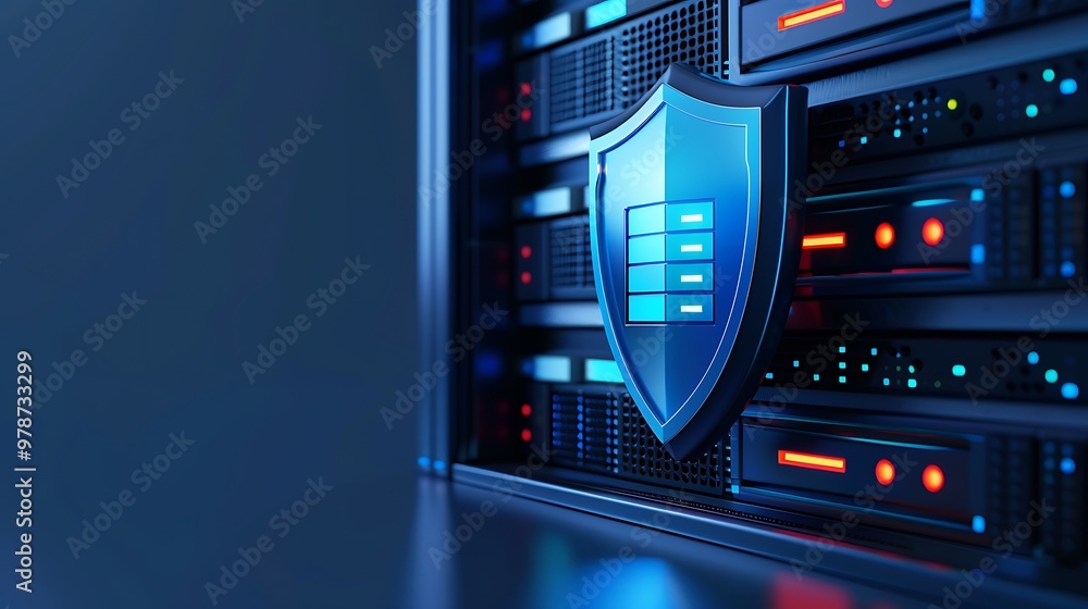 Poster futuristic server rack with a blue shield, representing data security and protection in a digital en